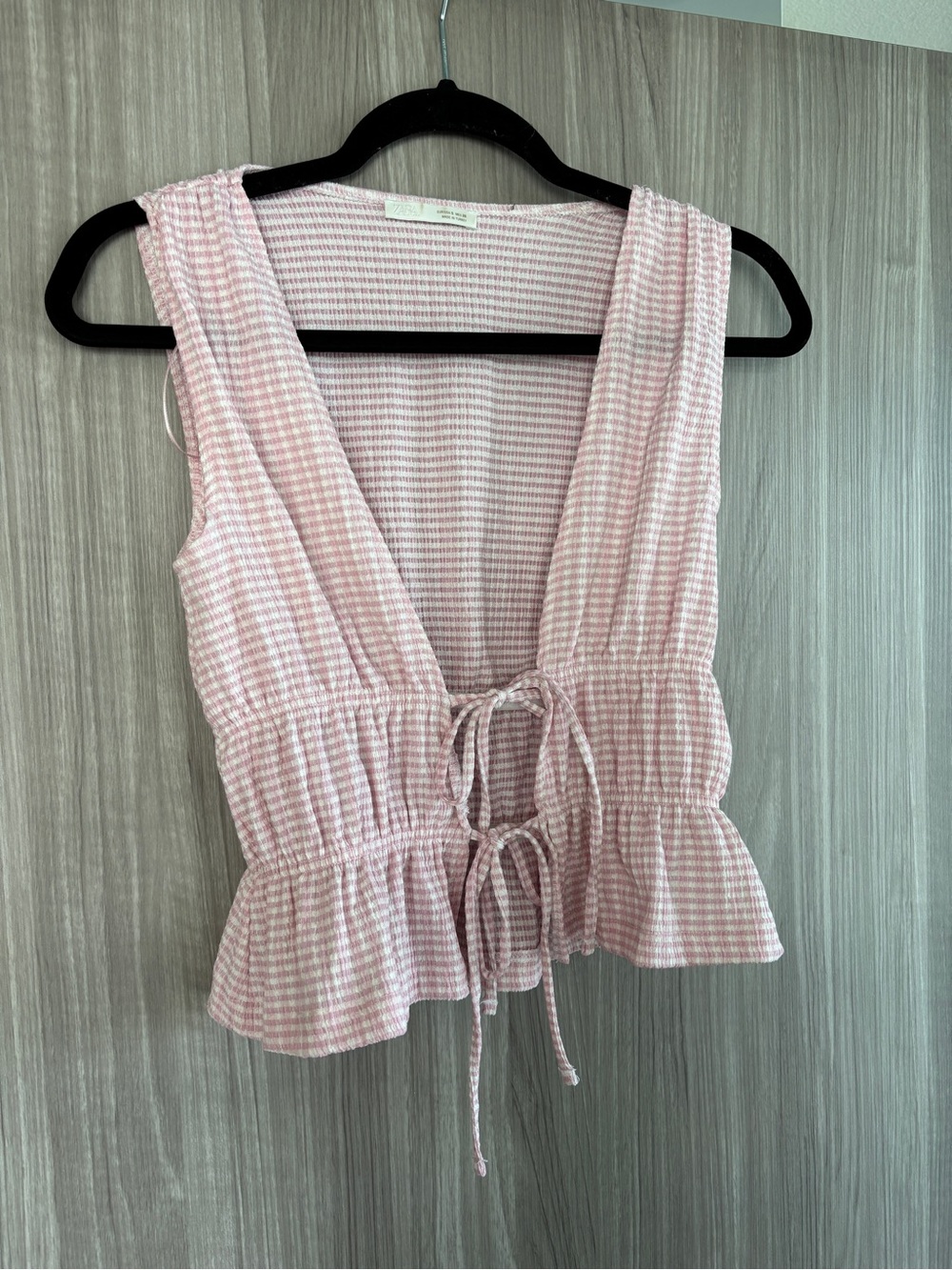 Sleeveless Pink Gingham Tie-Front Top